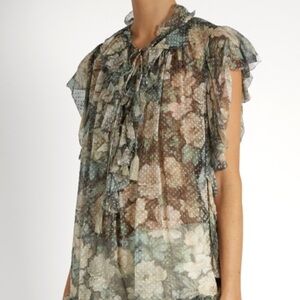Zimmermann Floral Sheer Blouse - Green and Cream